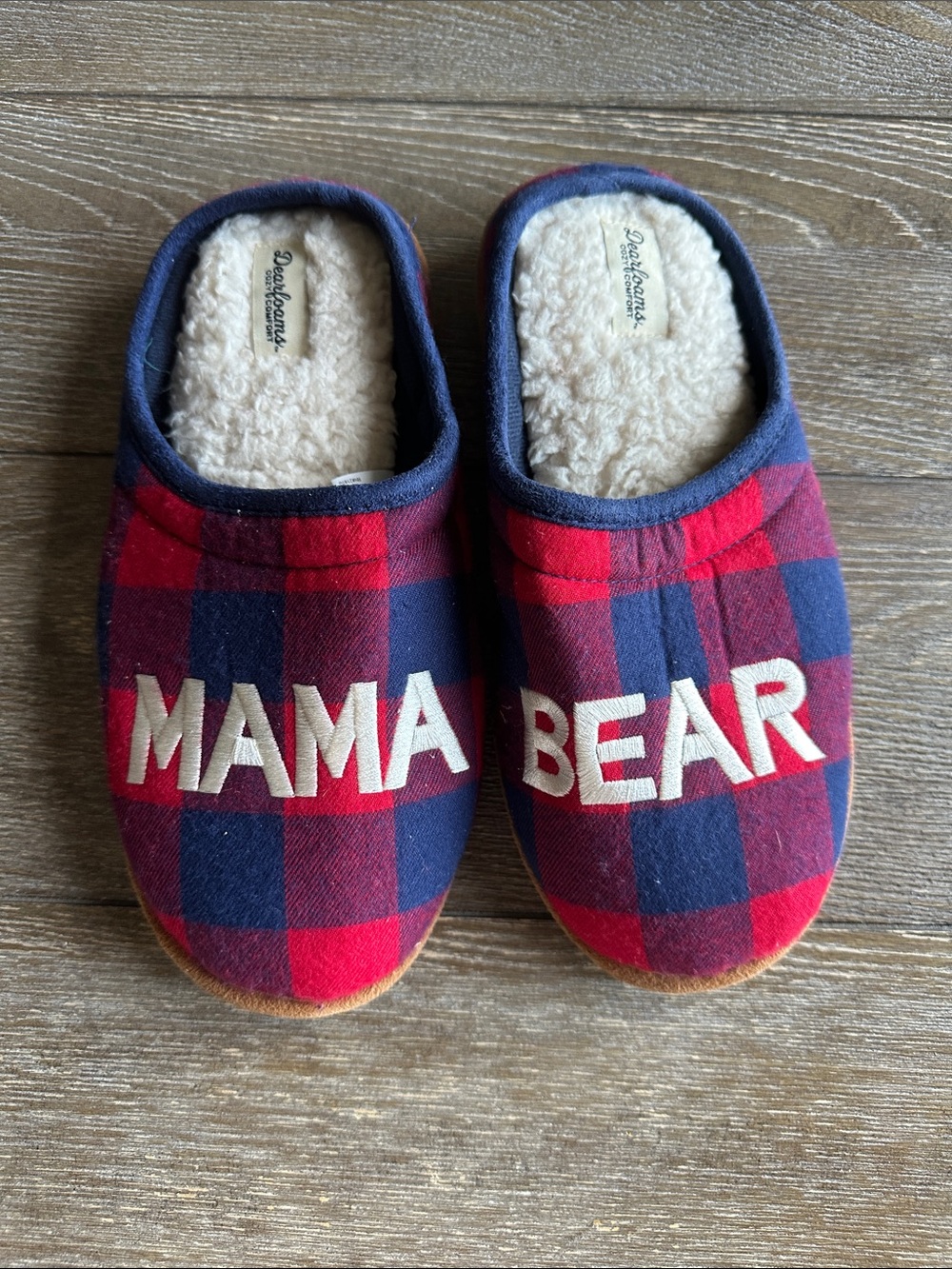 dearfoams Red & Navy Plaid "MAMA BEAR" Slip-On Slippers